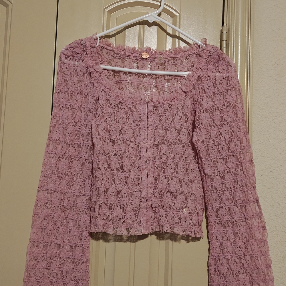Free People One Madison Top Women XL Smocked 🌹 Rose Lace Sheer Fairy Pink Boho - Picture 4 of 13
